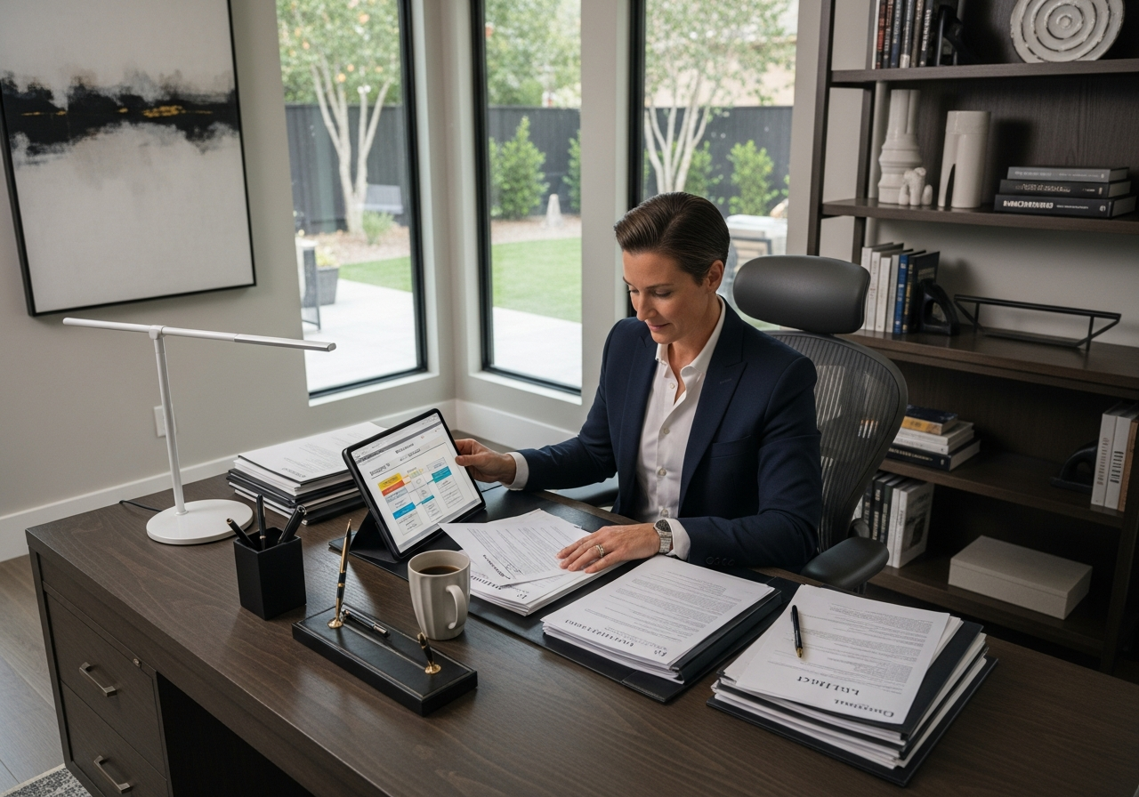Homeowner reviewing contractor bids and license documents at a desk