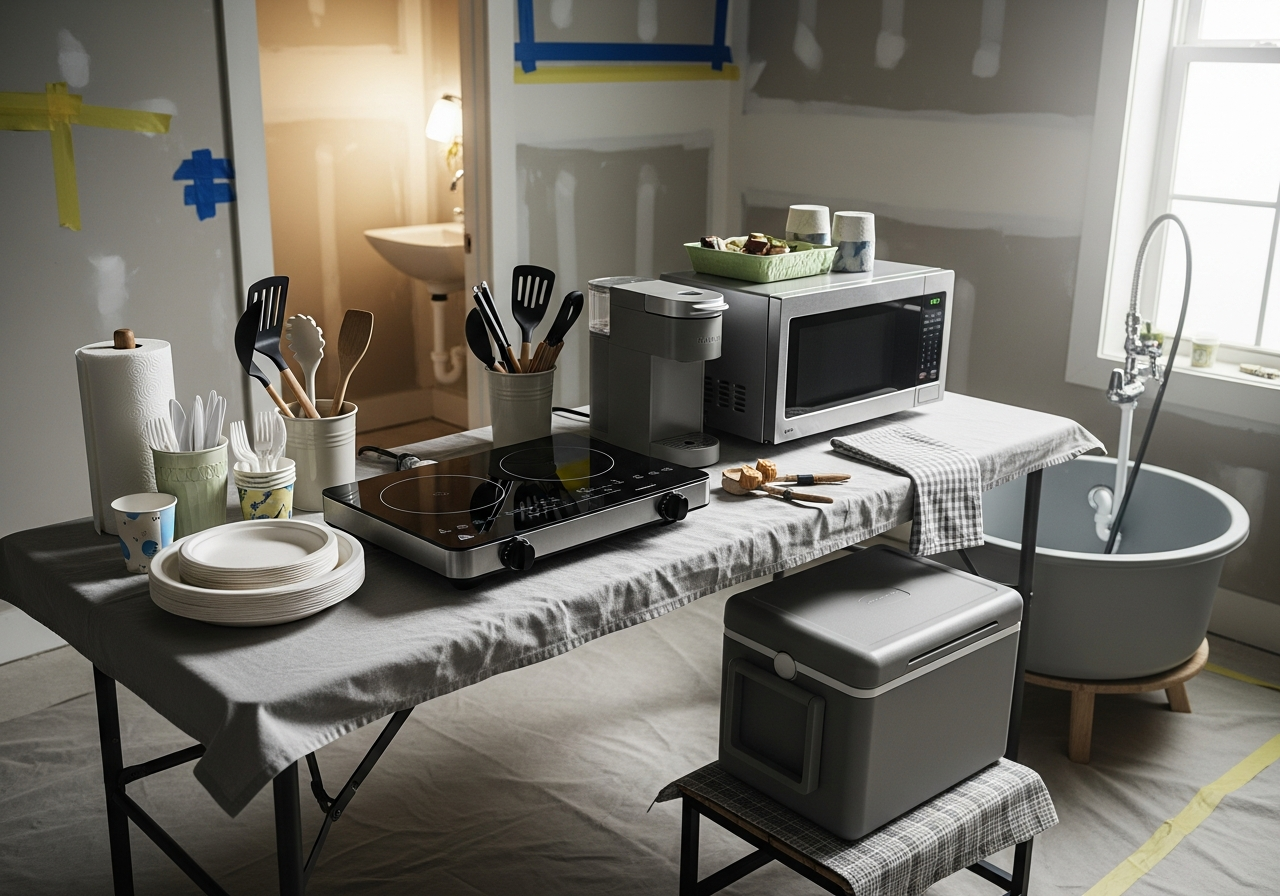 Temporary kitchen setup with portable appliances during a kitchen remodel