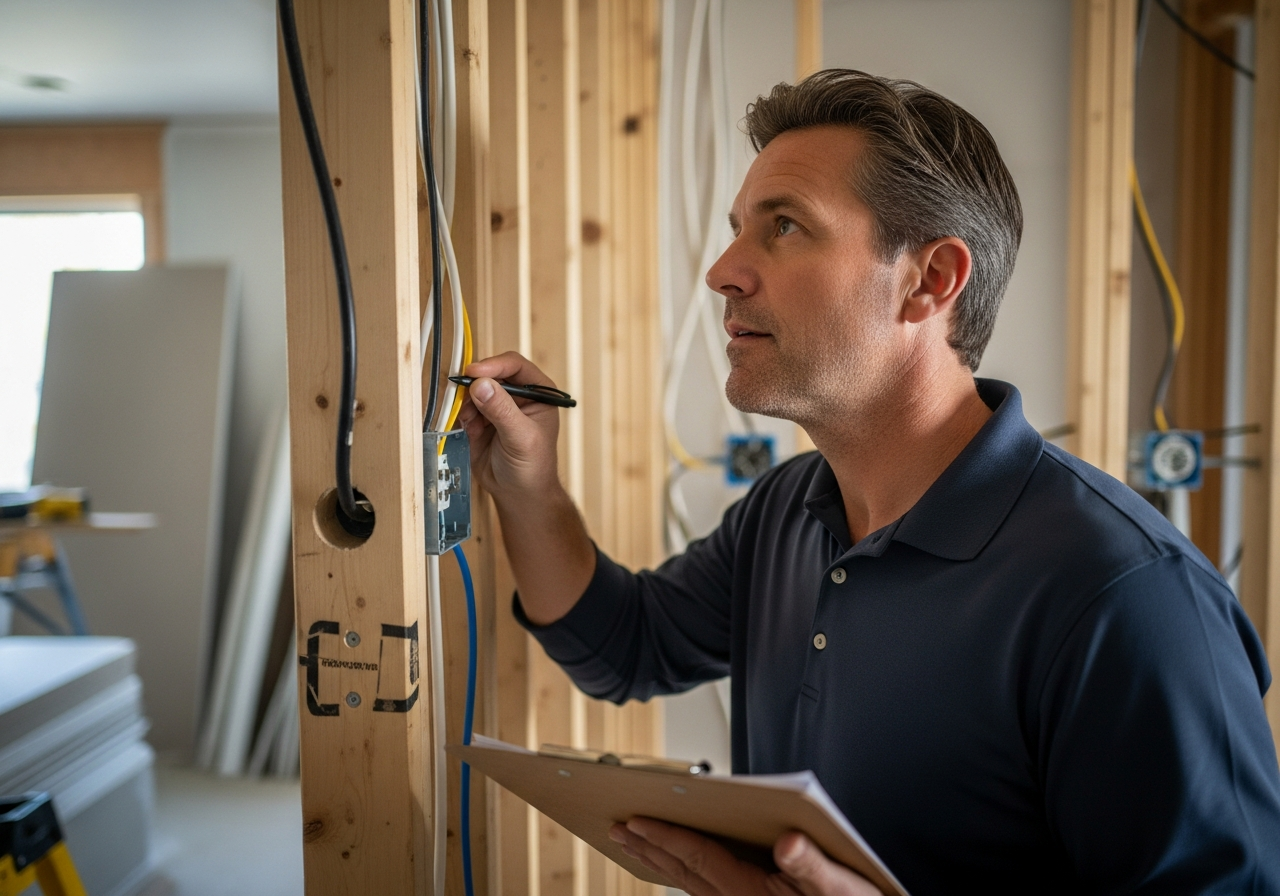 Building inspector reviewing electrical work during a rough-in inspection