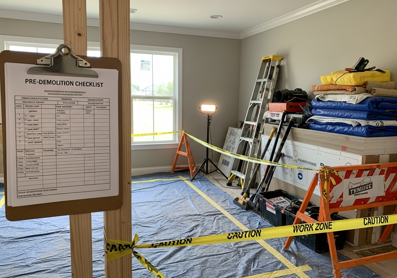 Pre-demolition checklist with permits posted, materials staged, and work zone prepared