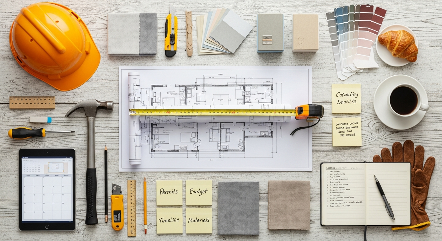 Homeowner reviewing remodel plans and checklist at kitchen table with contractor blueprints