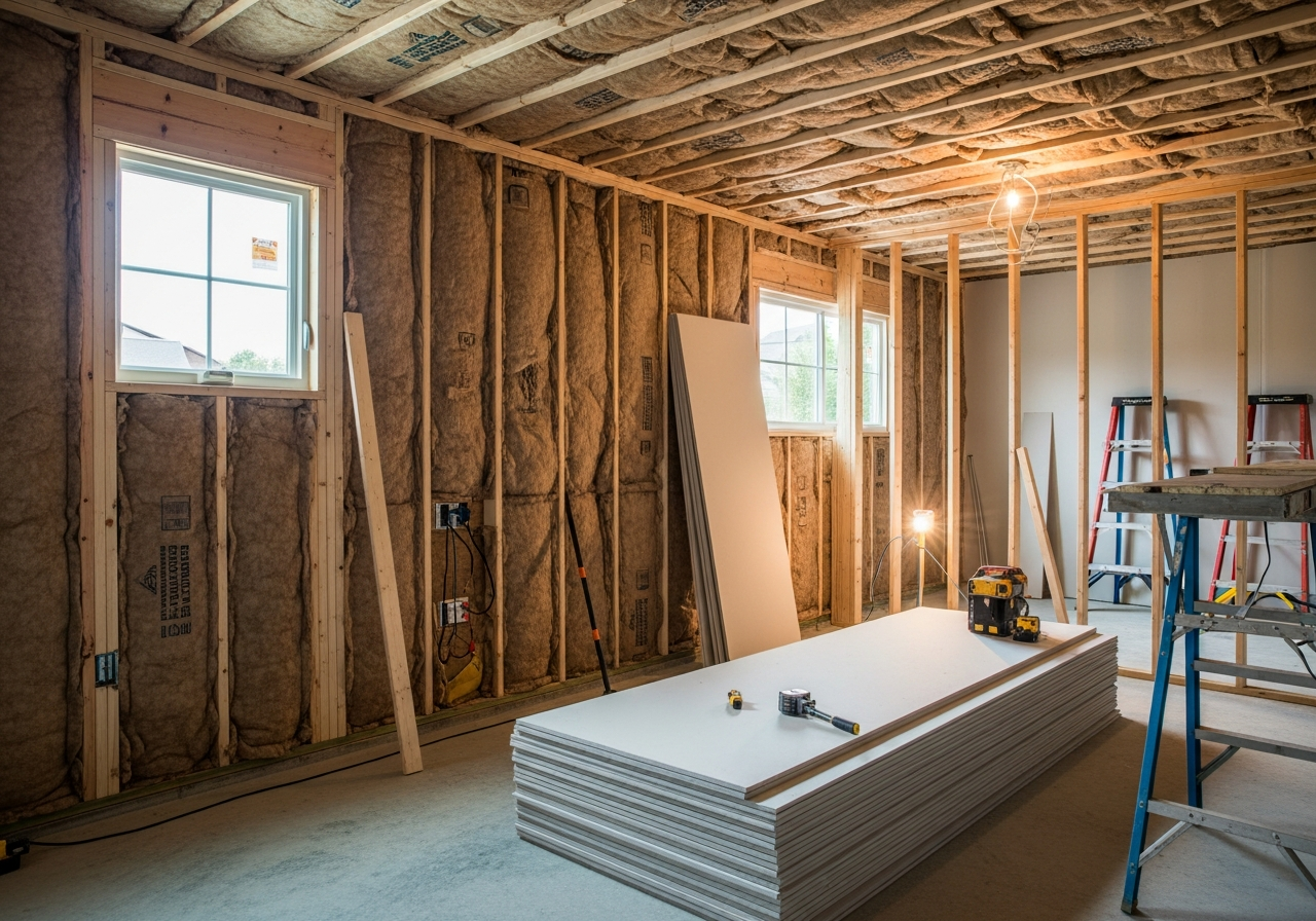 Garage conversion in progress showing insulation and framing installation