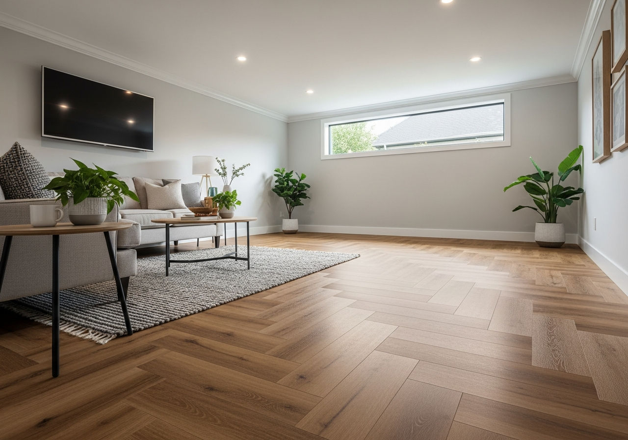 Luxury vinyl plank flooring installed in a converted garage living space