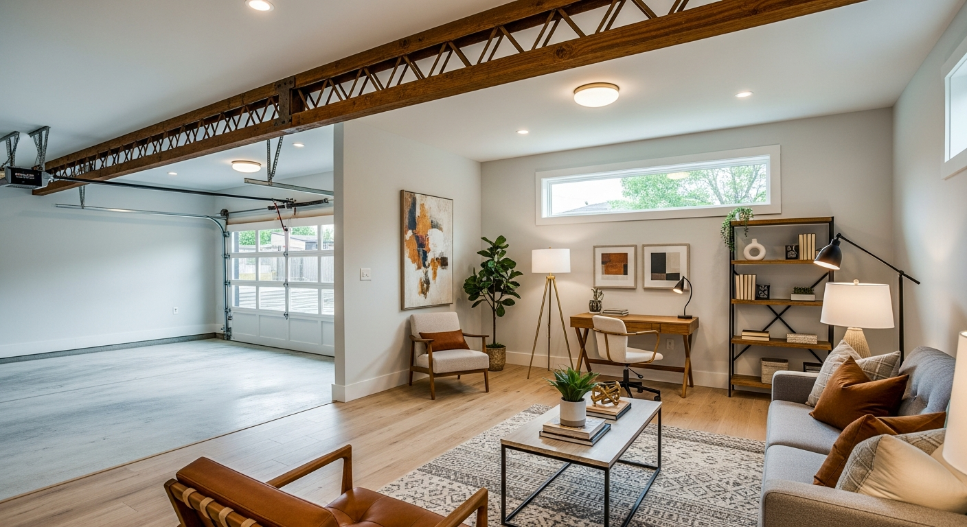Converted garage living space with polished concrete floor and modern furniture