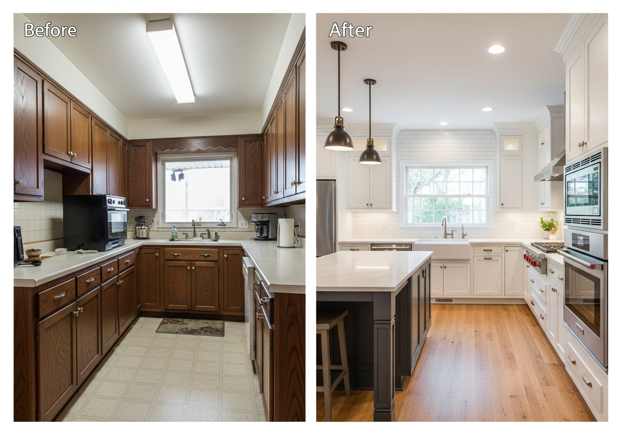 Contractor portfolio showing before and after kitchen remodel photos with detailed craftsmanship