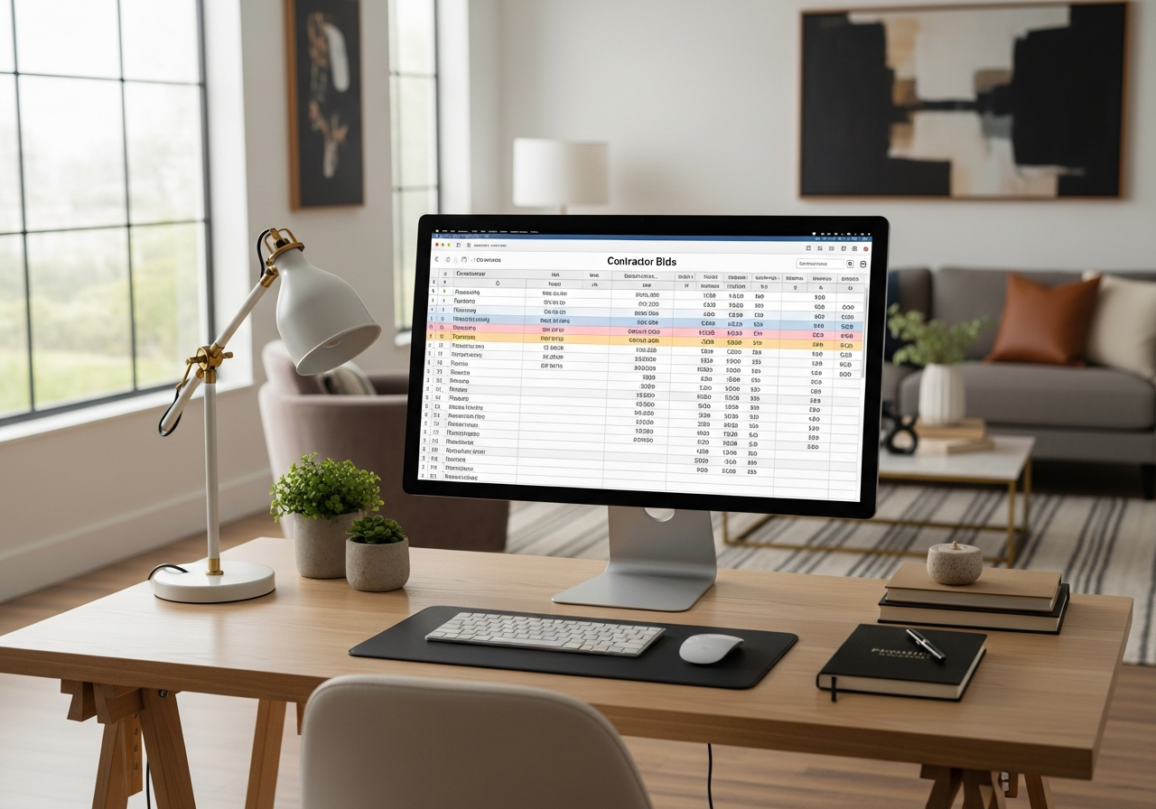 Spreadsheet comparing three contractor bids side by side with itemized line items
