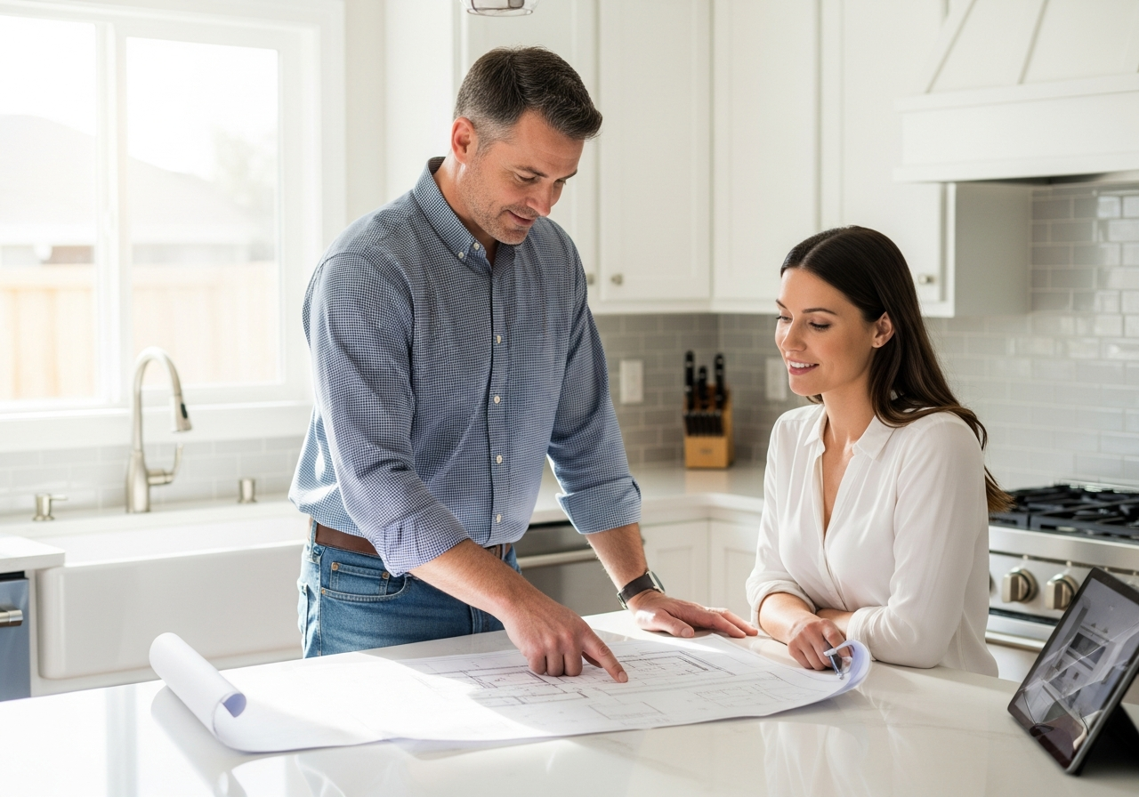 Contractor and homeowner reviewing kitchen remodel plans and timeline together