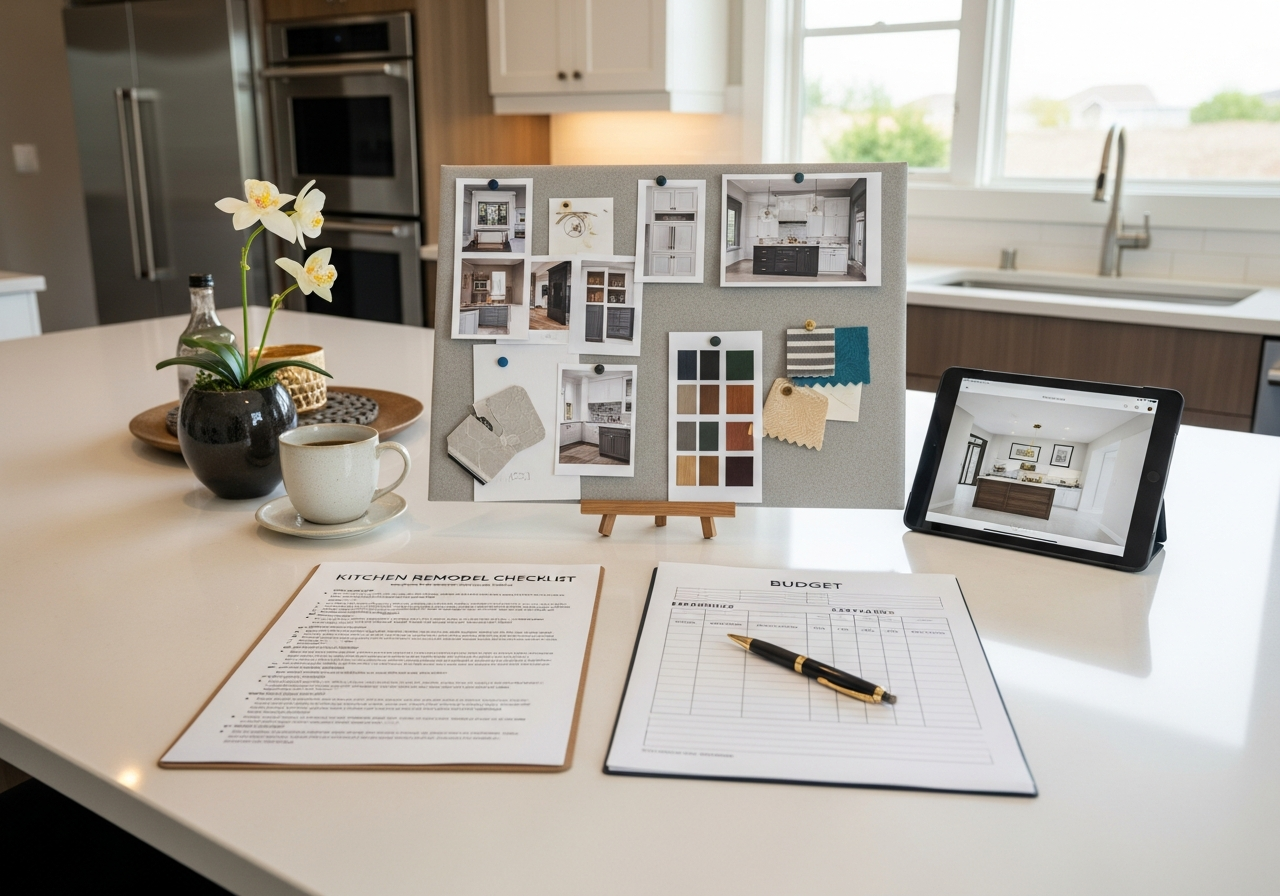 Homeowner's kitchen remodel checklist with design inspiration board and budget worksheet