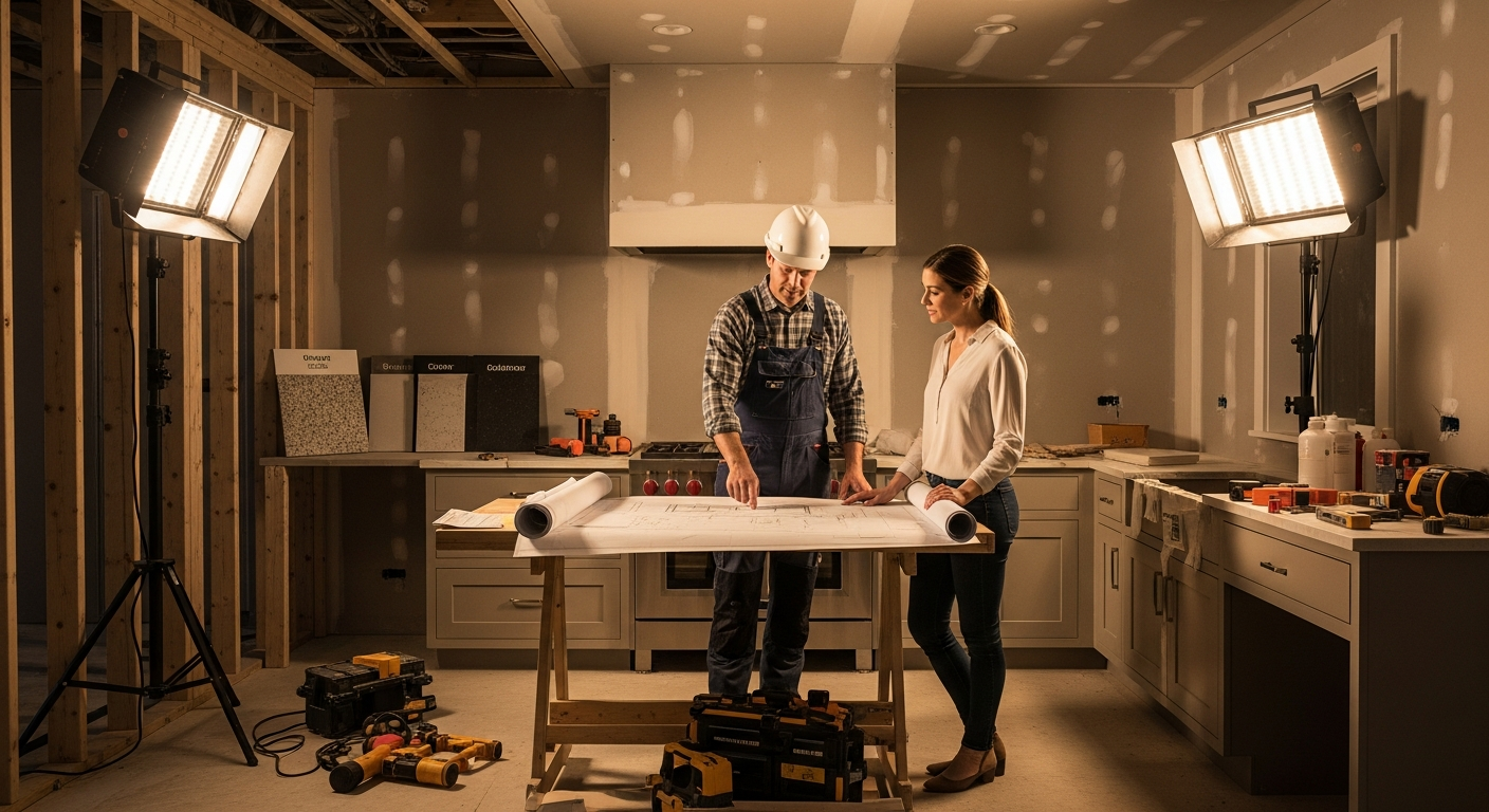 Homeowner reviewing contractor documents and kitchen remodel plans at a table