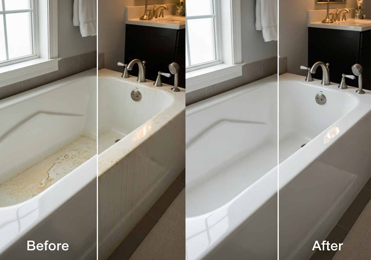 Before and after bathtub reglazing showing stained tub restored to bright white finish