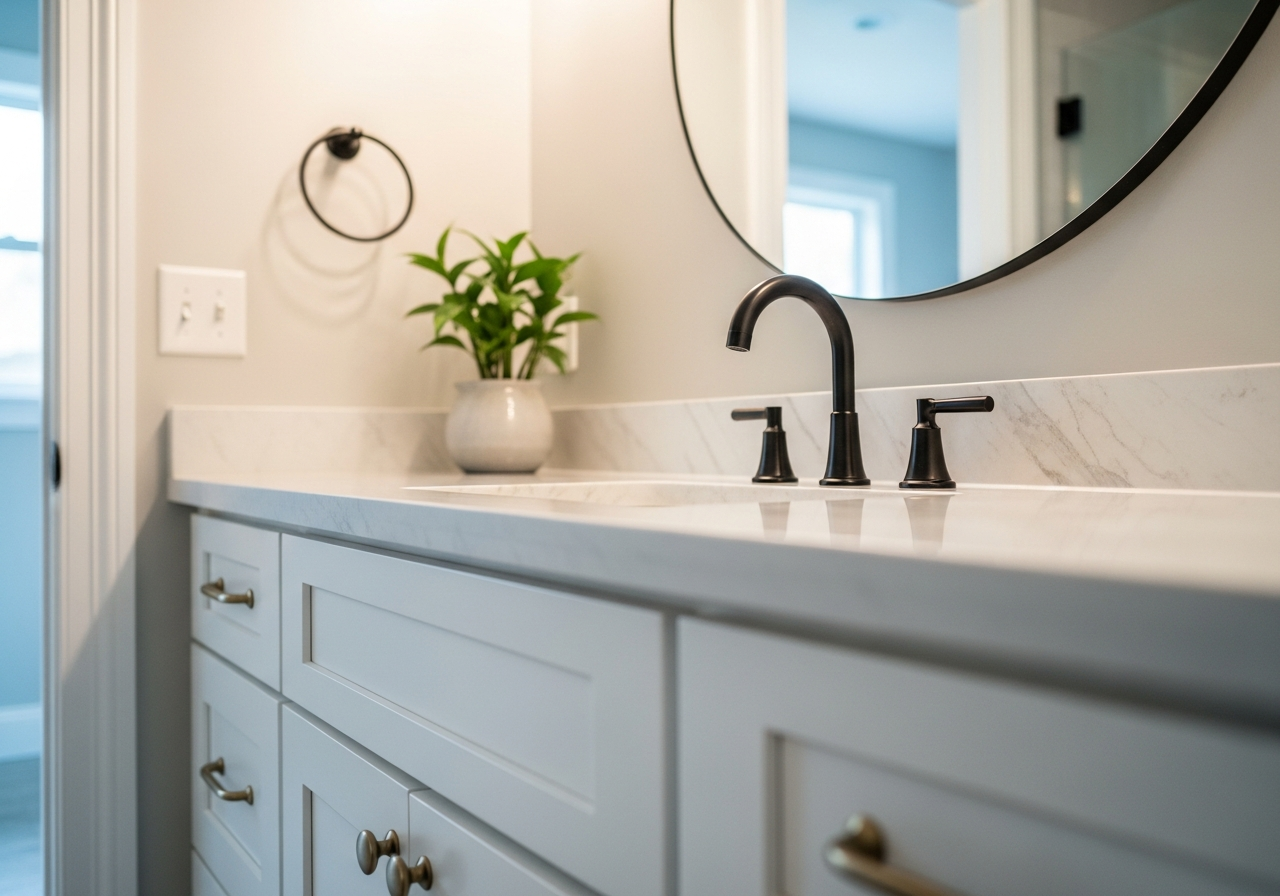 Modern matte black faucet installed on a refinished bathroom vanity with new hardware