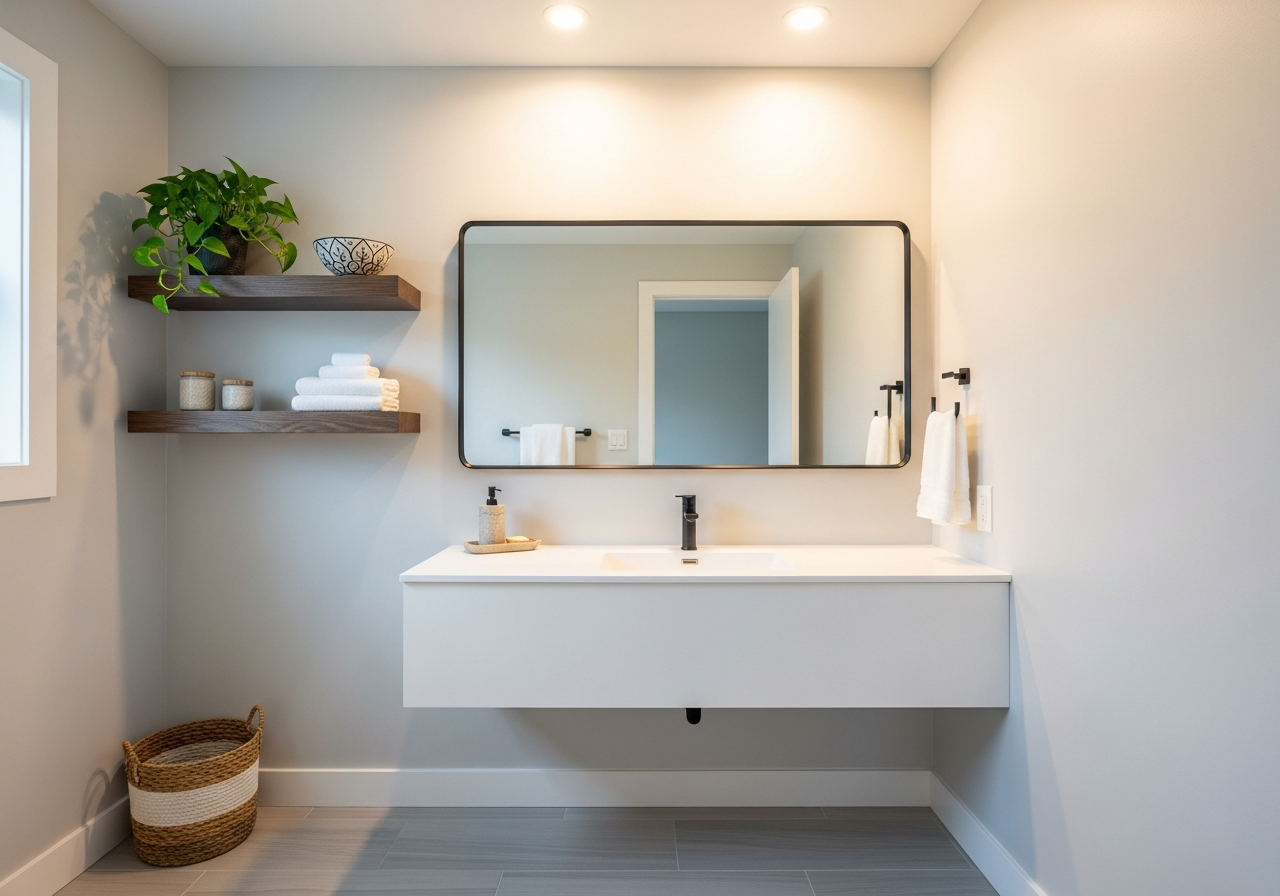 Updated bathroom with framed mirror, floating shelves, and coordinated accessories on a budget