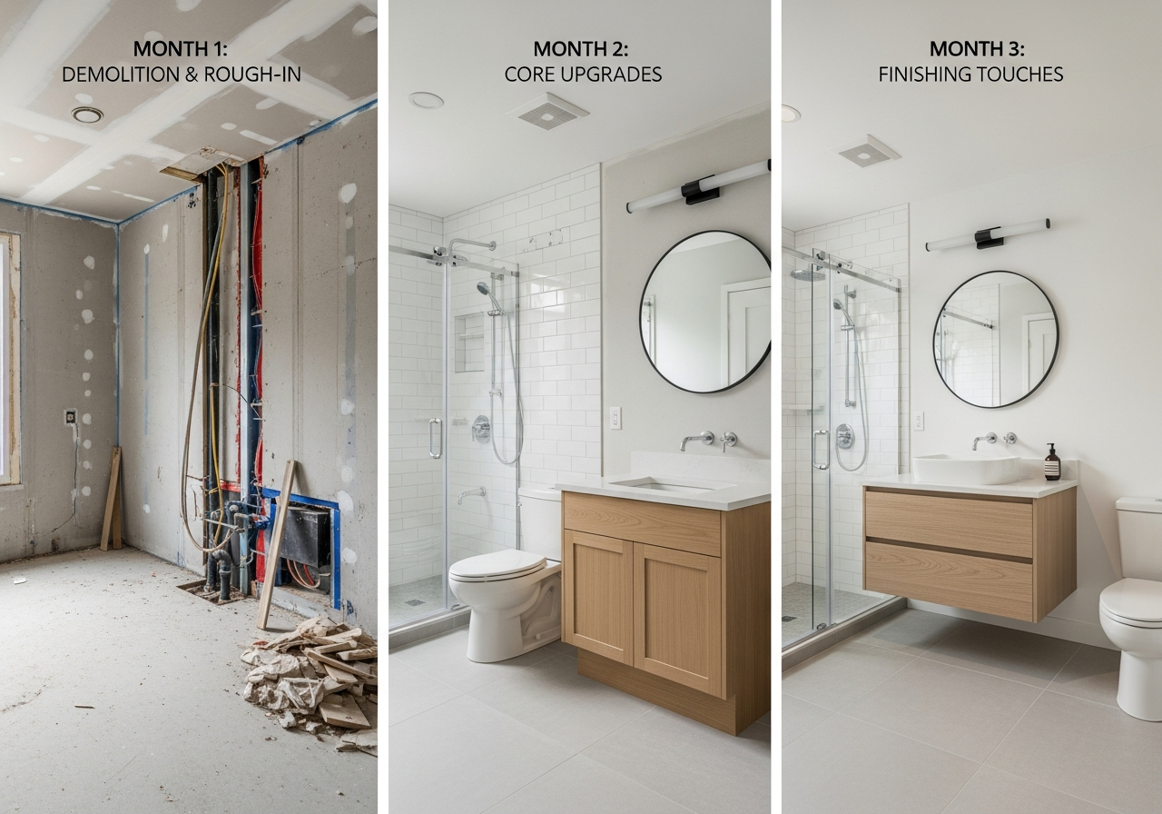 Three-phase budget bathroom remodel timeline showing monthly upgrade progression