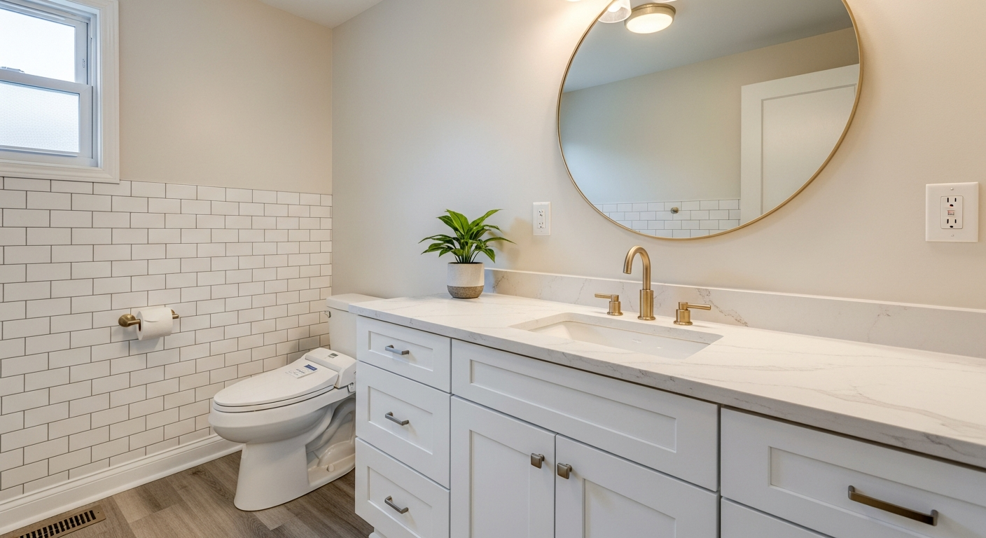 Before and after budget bathroom remodel showing dramatic transformation under $2,000