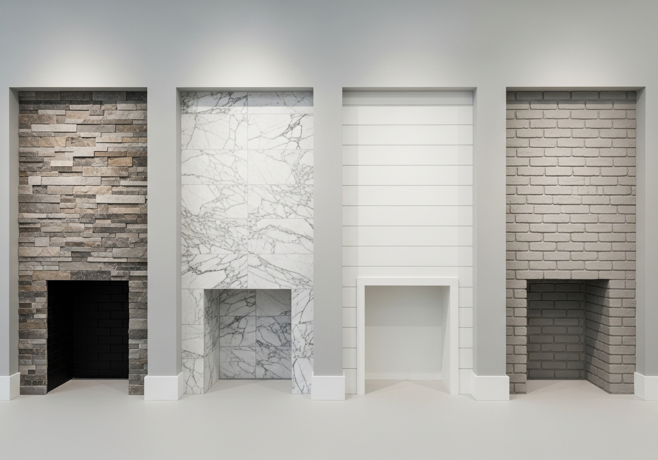 Four fireplace surround options side by side: stone veneer, marble tile, shiplap, and painted brick