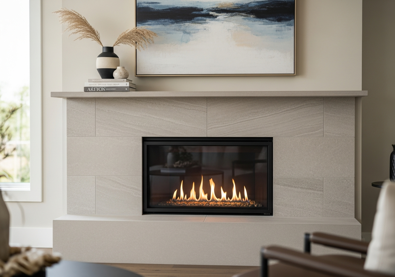 Modern gas fireplace insert with clean glass front and contemporary stone surround