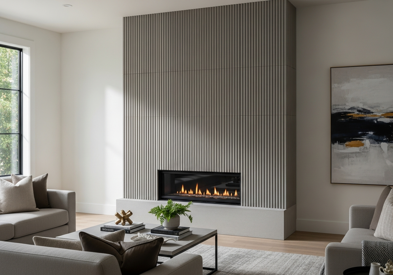 Floor-to-ceiling fireplace surround with linear gas insert and fluted concrete panels in a modern living room