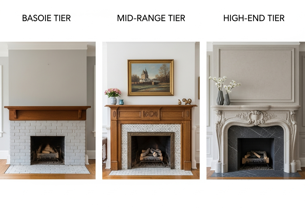 Fireplace remodel cost comparison showing three budget tiers with sample before-and-after photos