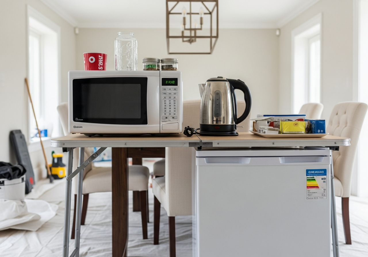Temporary kitchen setup with microwave, electric kettle, and mini-fridge in a dining room