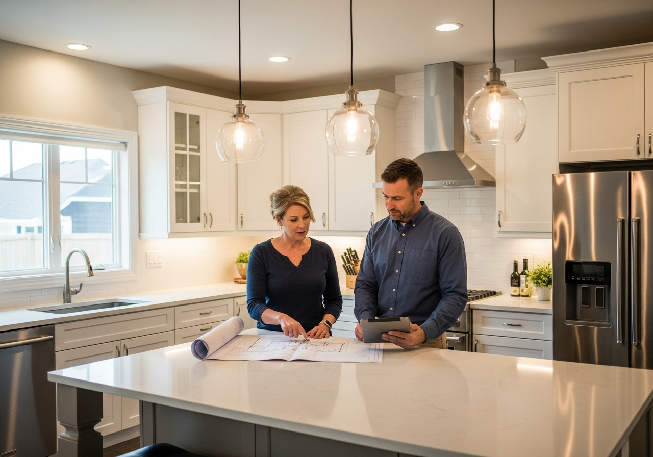 Homeowner and contractor reviewing kitchen remodel plans during final walkthrough