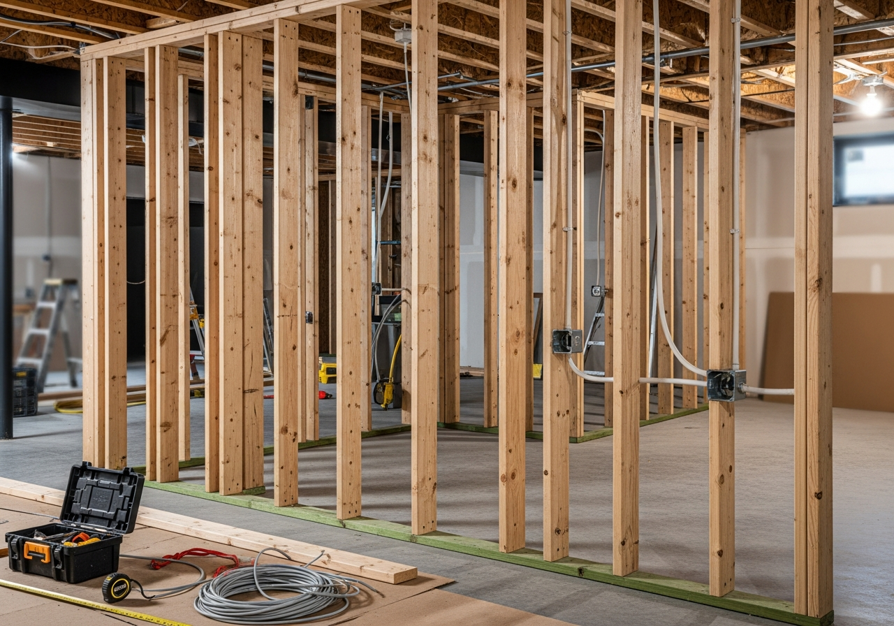 Basement framing and electrical rough-in showing construction phases