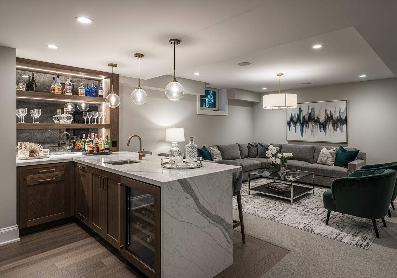 Luxury finished basement with wet bar, seating area, and ambient lighting