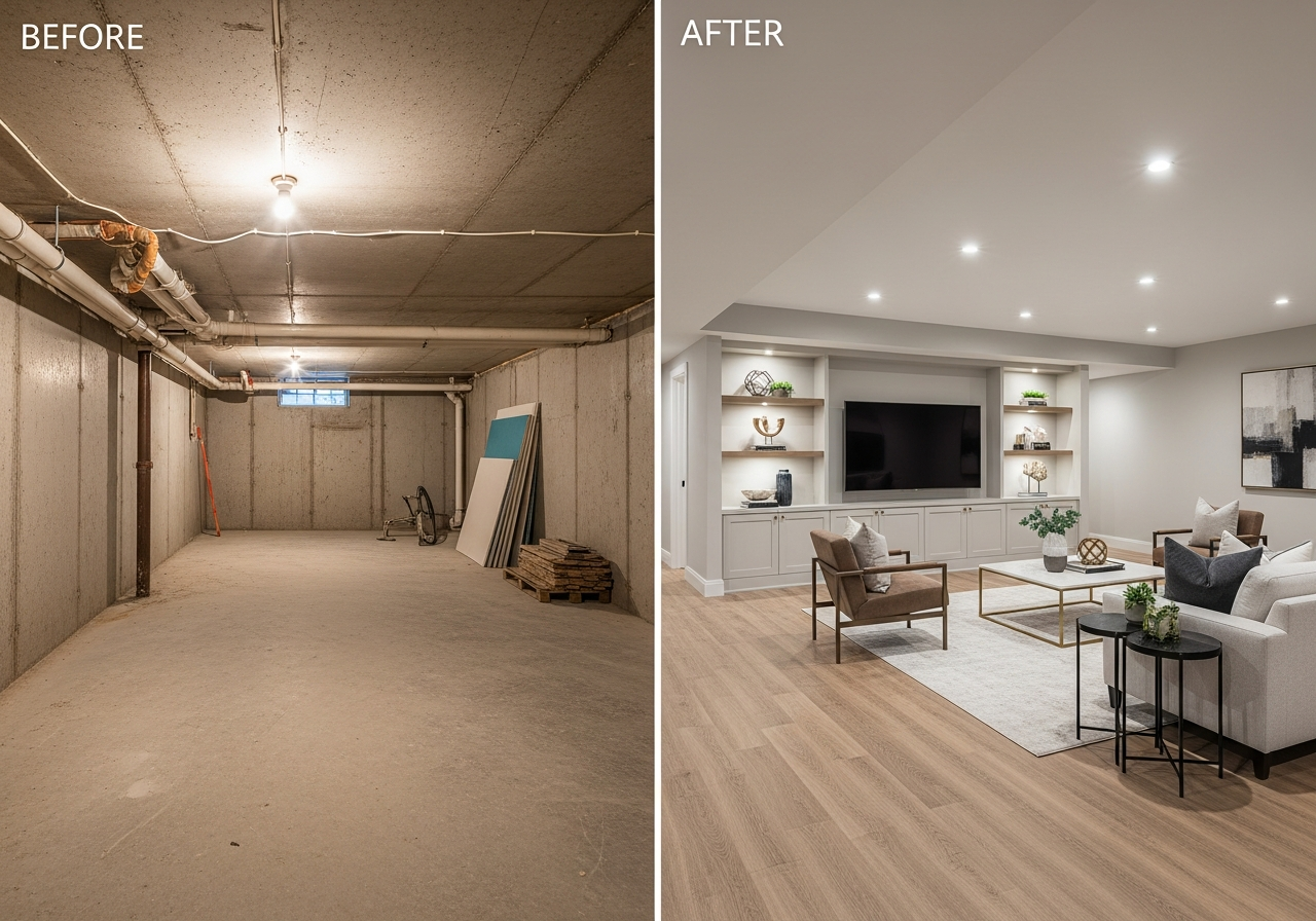 Before and after comparison of an unfinished basement transformed into a modern living space
