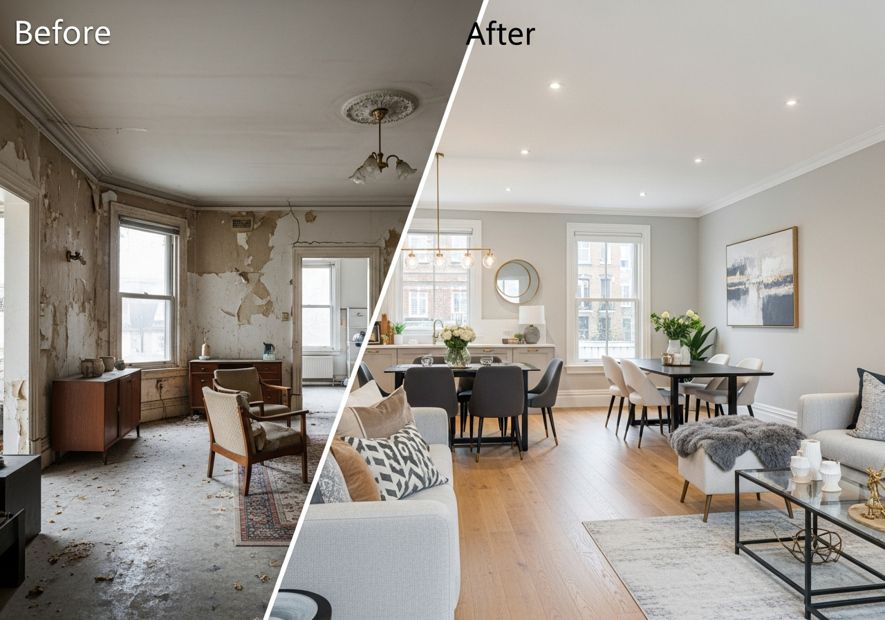 Split image showing a home before and after a complete gut renovation