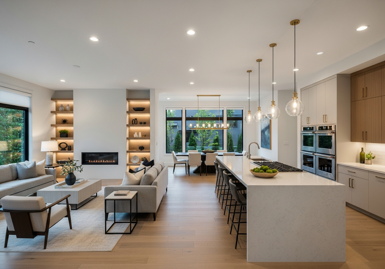 Completed whole-house renovation showing modern open-concept living and kitchen area