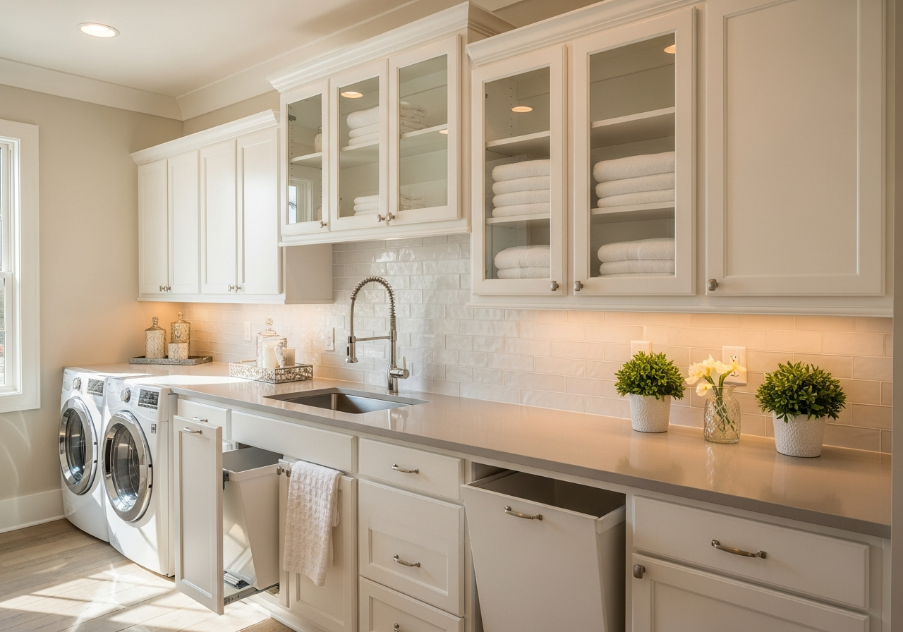 Laundry room with white shaker cabinets, quartz countertop, and pull-out hamper system