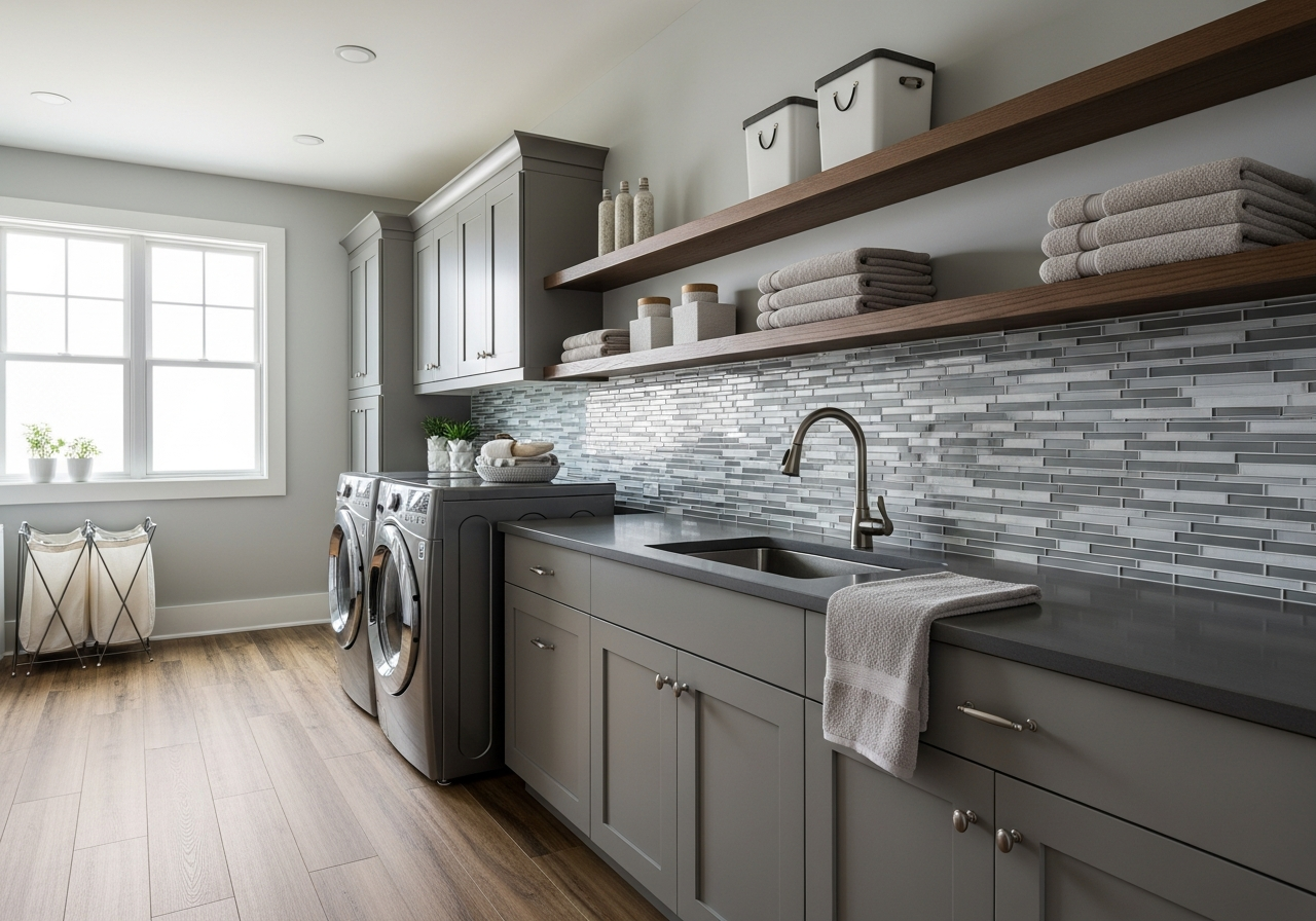 Laundry room with luxury vinyl plank flooring and coordinated tile backsplash