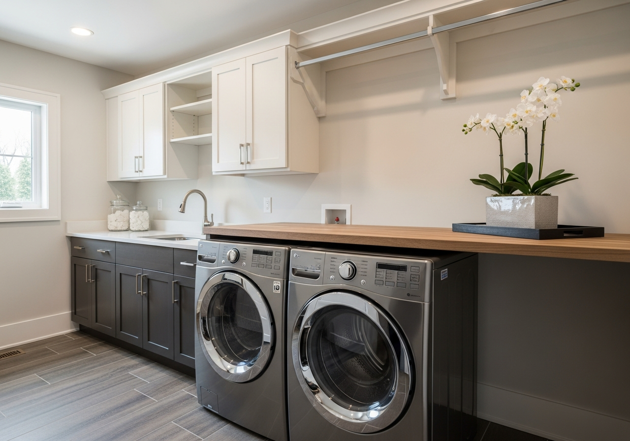 Modern front-loading washer and dryer pair with countertop above in a remodeled laundry room