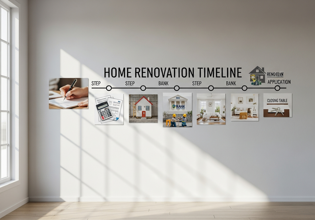 Timeline showing remodel loan application steps from preparation through closing