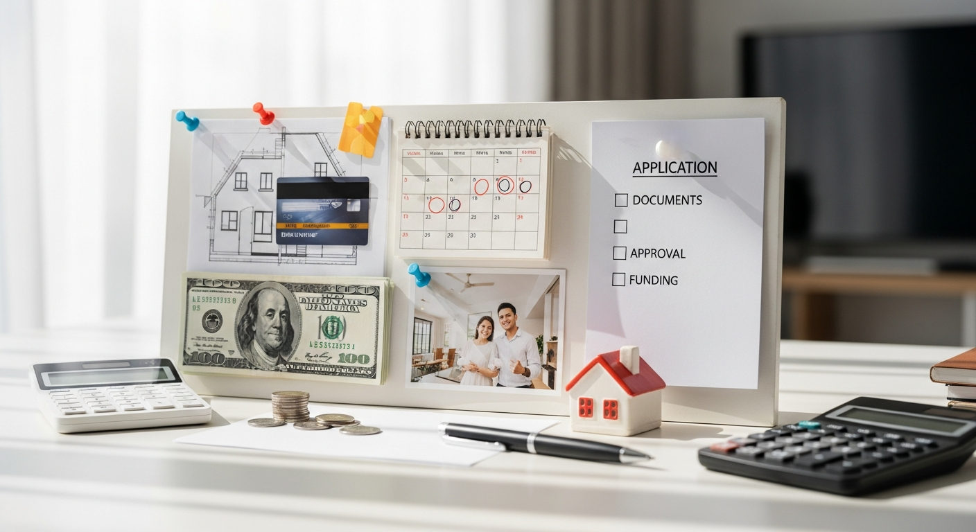 Homeowner completing remodel loan application with financial documents organized on desk