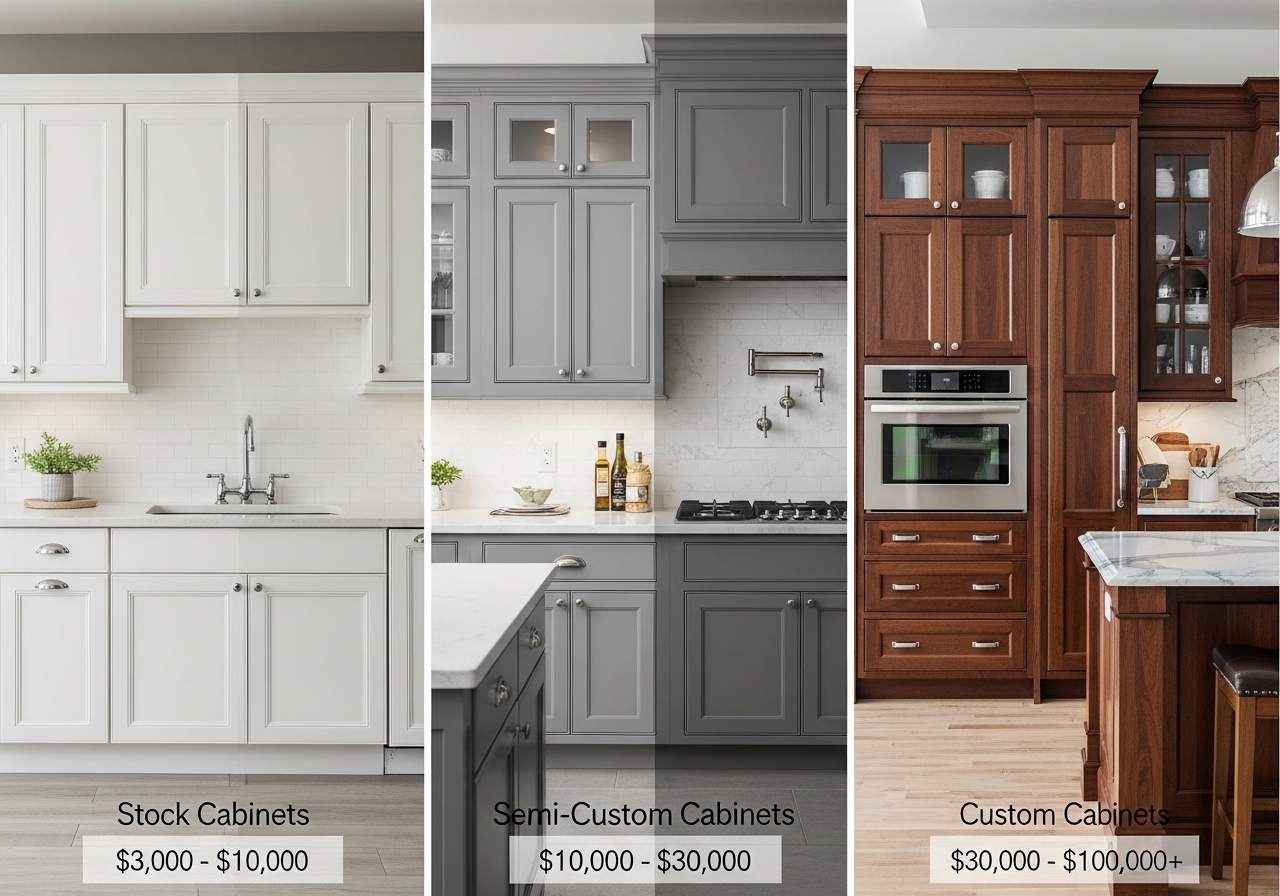 Comparison of stock, semi-custom, and custom kitchen cabinets with pricing labels
