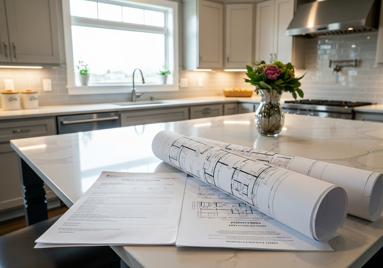 Kitchen remodel permit application and blueprint documents on a desk