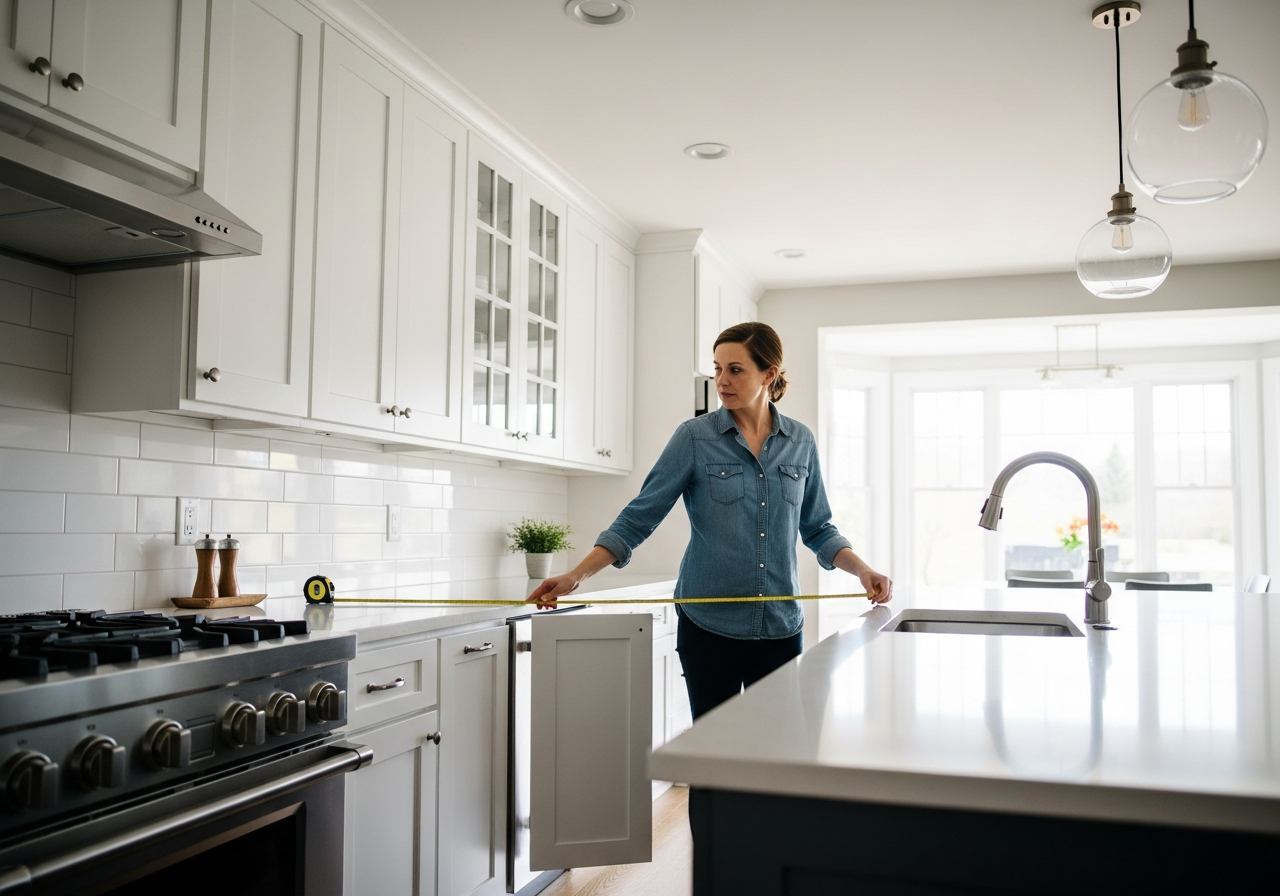 Homeowner measuring kitchen cabinets and countertops for budget estimation