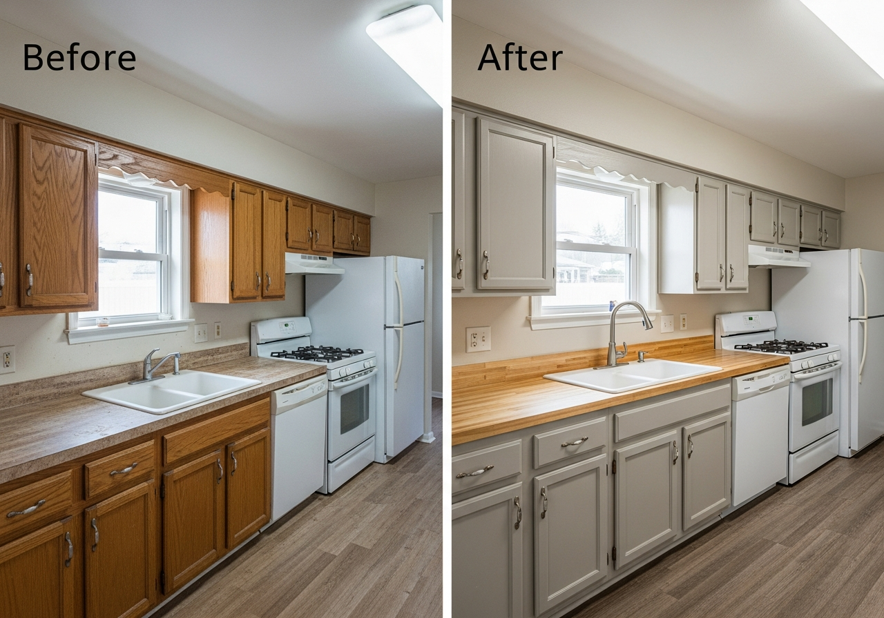 Before and after kitchen remodel showing budget-friendly material selections