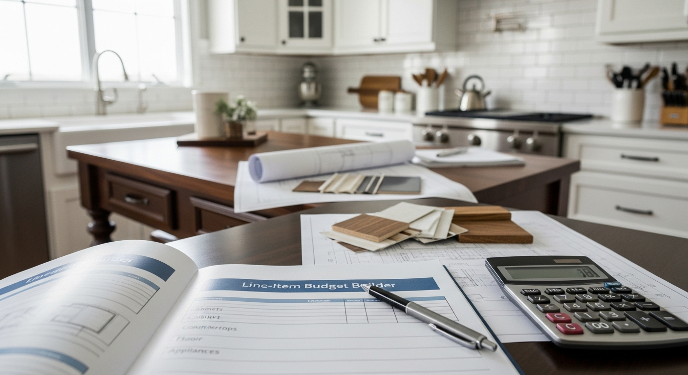 Kitchen remodel budget spreadsheet with line-item categories and cost ranges