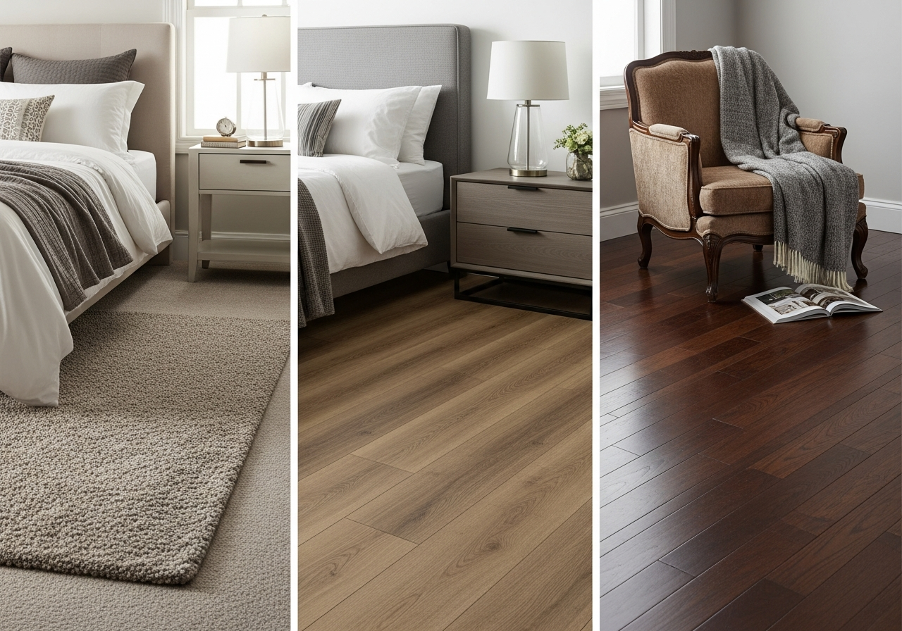 Side-by-side comparison of carpet, luxury vinyl plank, and hardwood bedroom flooring options