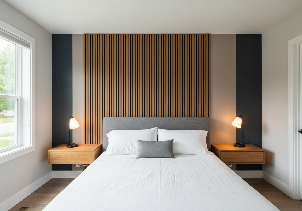 Bedroom accent wall with wood slat panels and coordinated paint scheme
