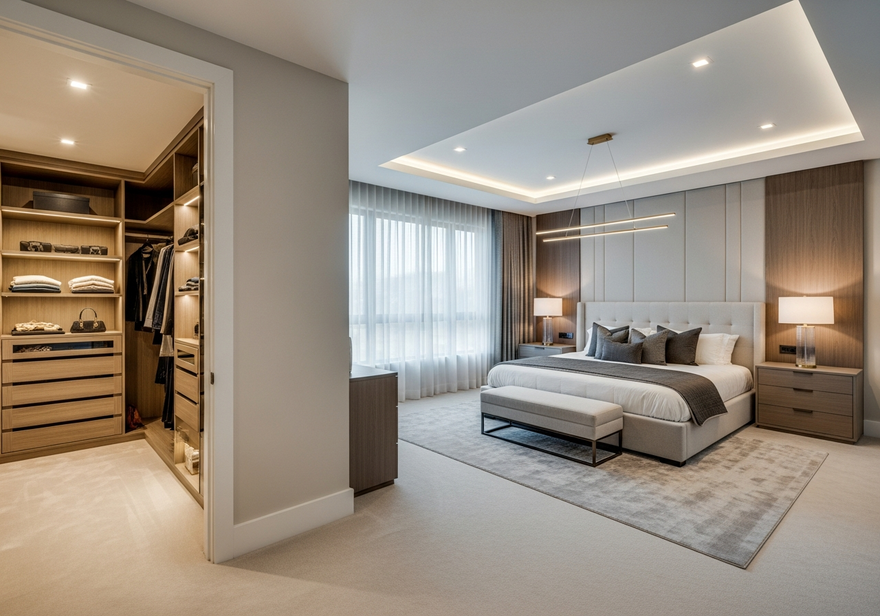 Spacious master bedroom suite with walk-in closet and coordinated lighting design