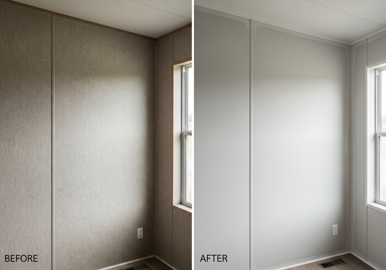 Before and after of mobile home wall panel replacement showing VOG removed and drywall installed