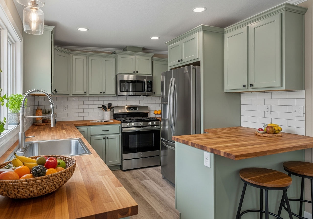 Remodeled mobile home kitchen with painted cabinets, butcher block counters, and modern backsplash