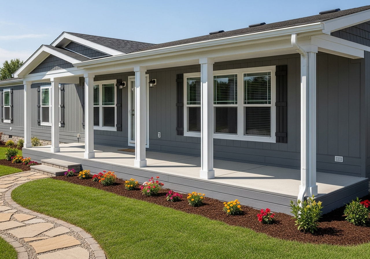 Mobile home exterior with new skirting, covered porch, and landscaping improvements