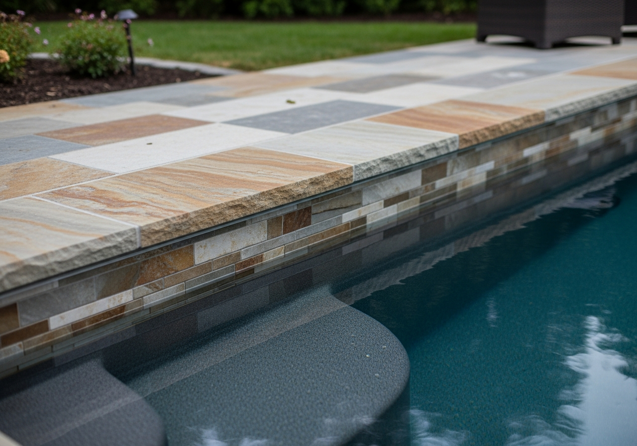 New pool coping and waterline tile installation with natural stone finish
