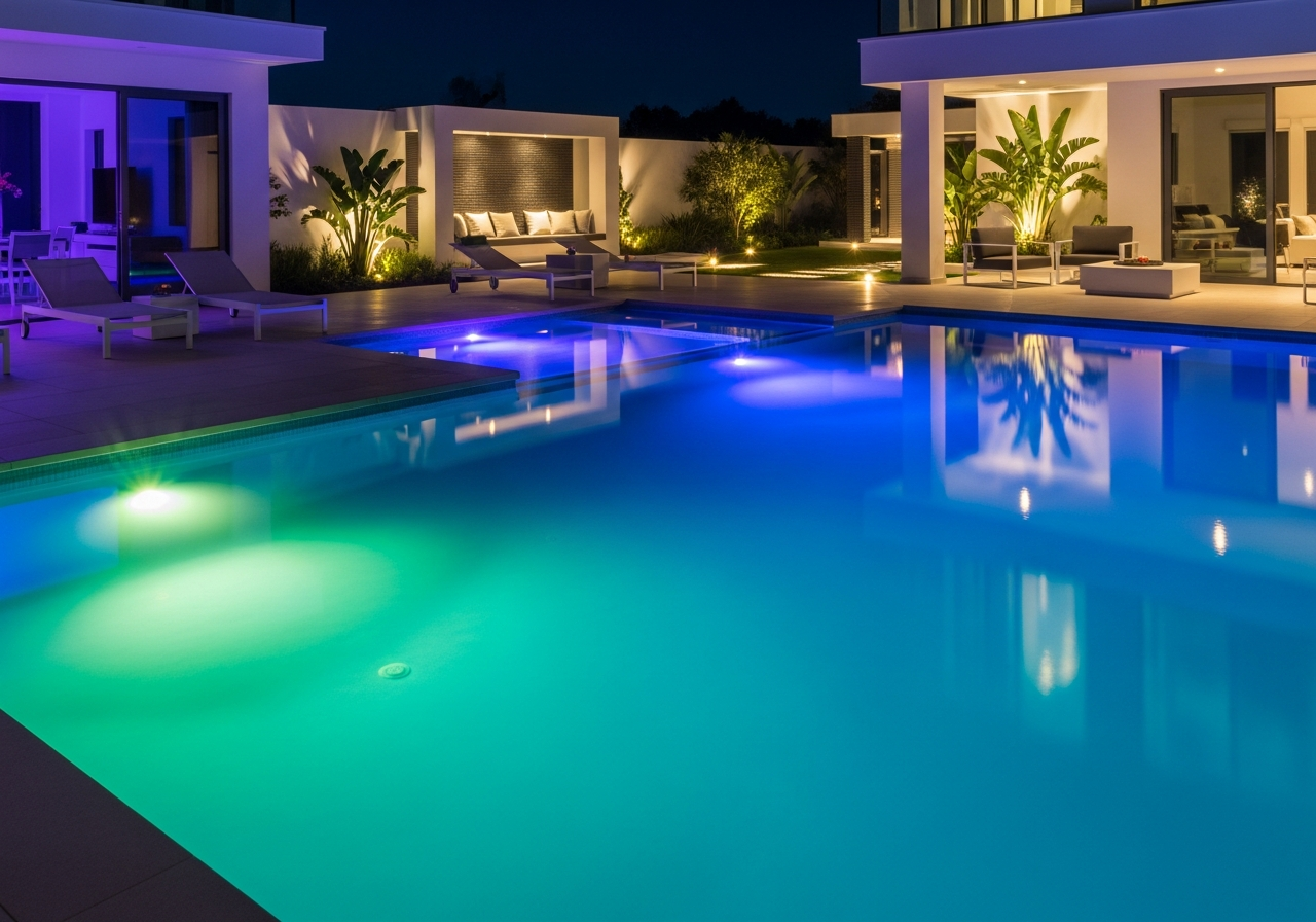 Color-changing LED pool lighting creating dramatic nighttime ambiance