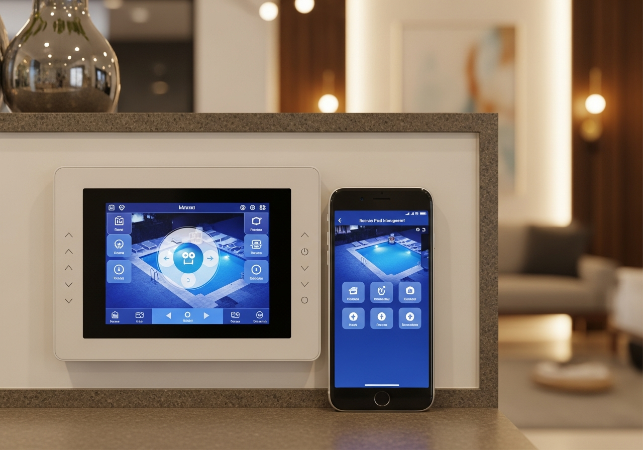 Pool automation control panel and smartphone app showing remote pool management