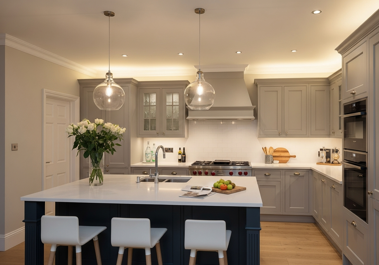 Layered lighting plan showing recessed ambient task and accent lighting in a kitchen