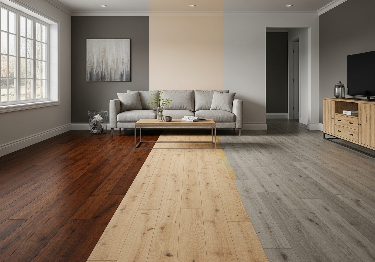 Comparison of living room flooring options including hardwood, engineered wood, and luxury vinyl plank